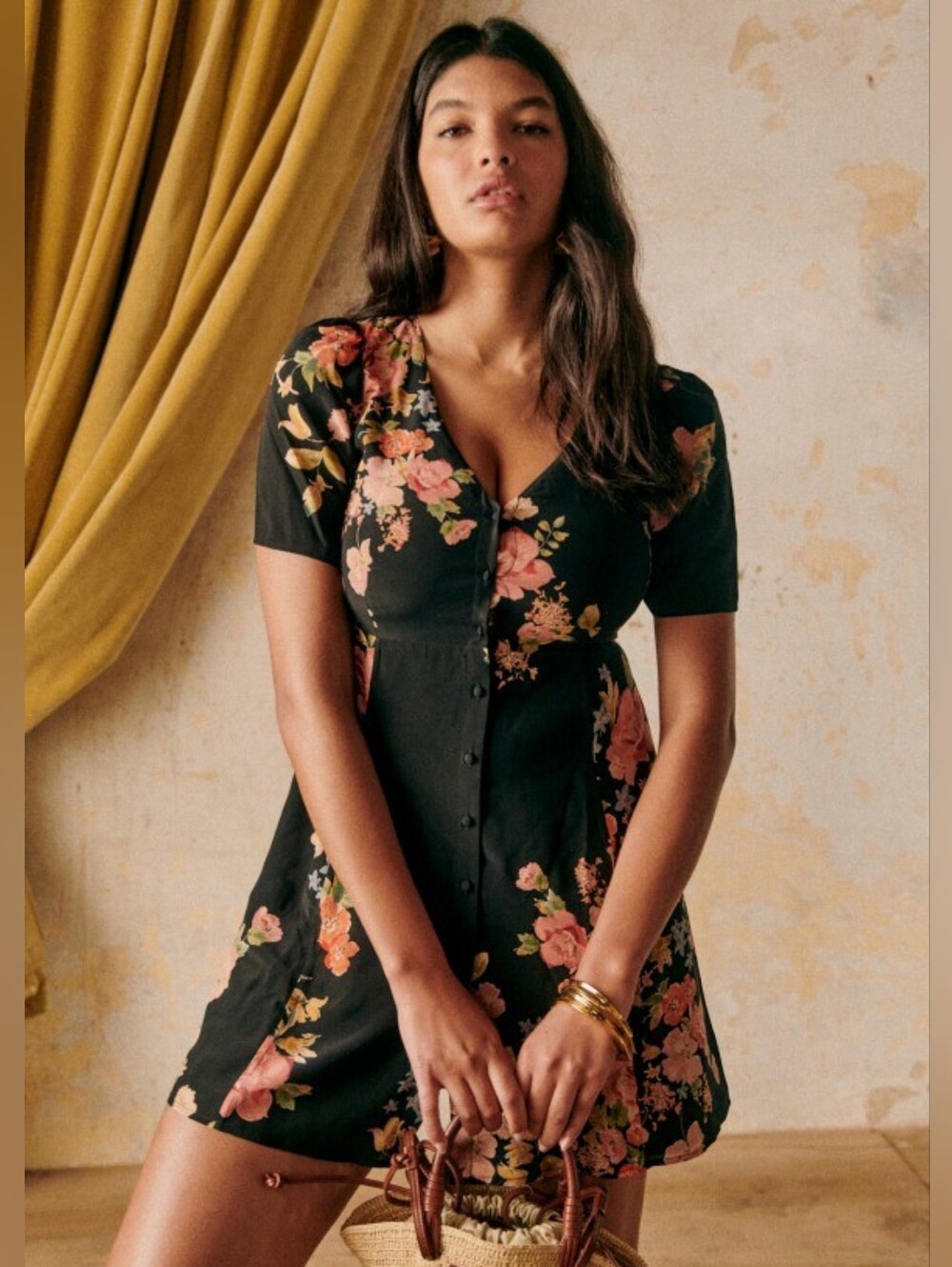 Sezane Floral Button-Front Black Mini Dress